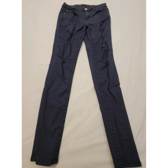 Almost Famous Womens Denim Skinny Jeans Pants Distressed Black Size 3 - Picture 1 of 7